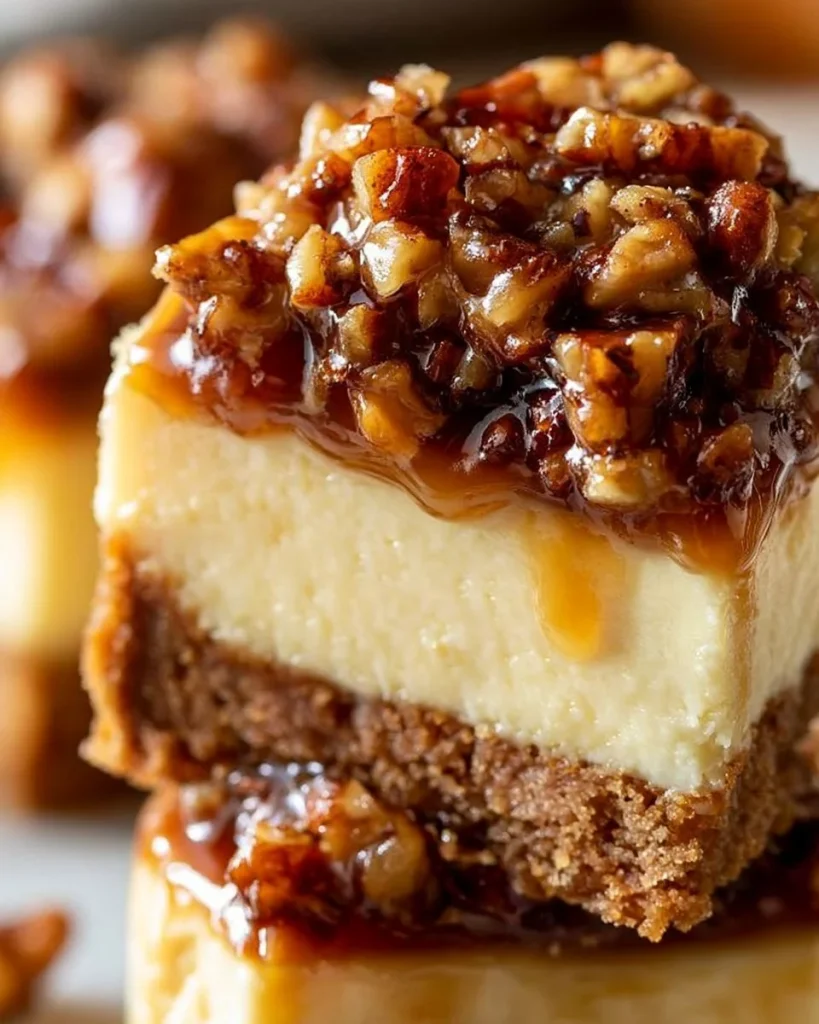 Delicioso cheesecake de pecan con cobertura de nueces y caramelo.