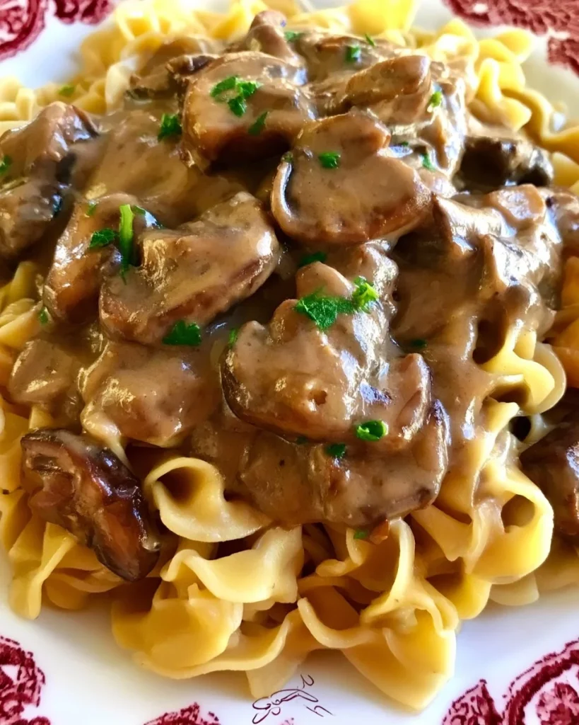 Plato delicioso de Stroganoff de Res servido con pasta y acompañamientos
