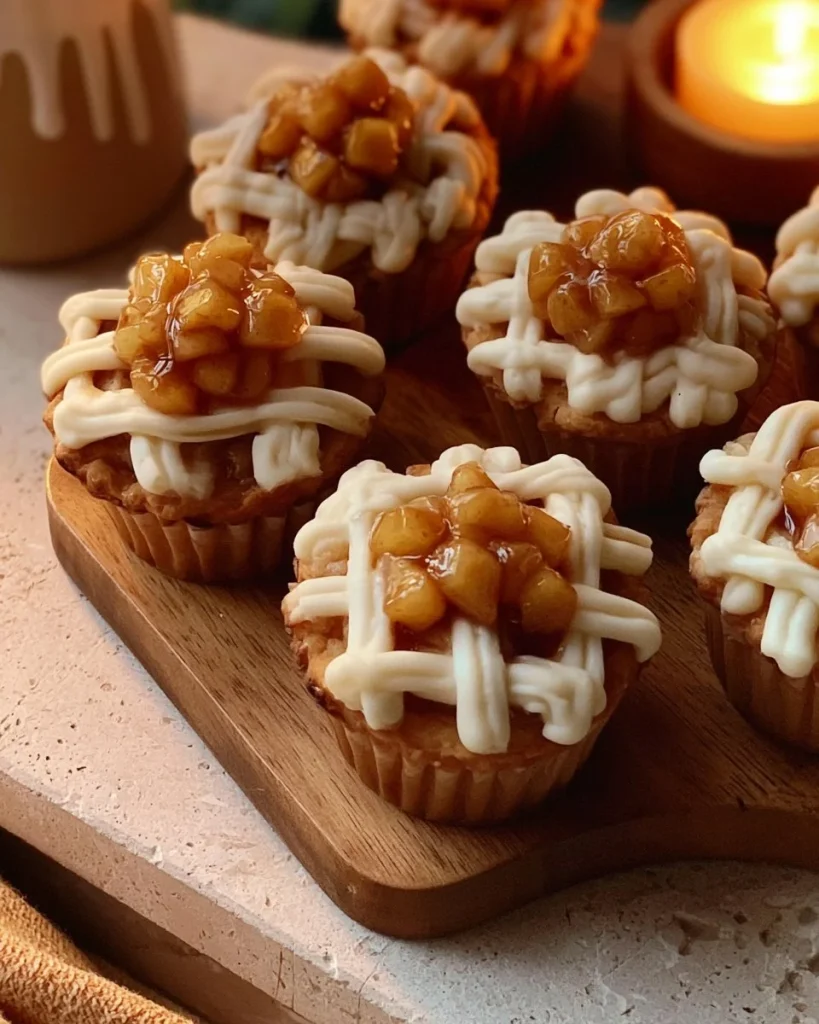 Cupcakes de tarta de manzana recién horneados con glaseado dulce