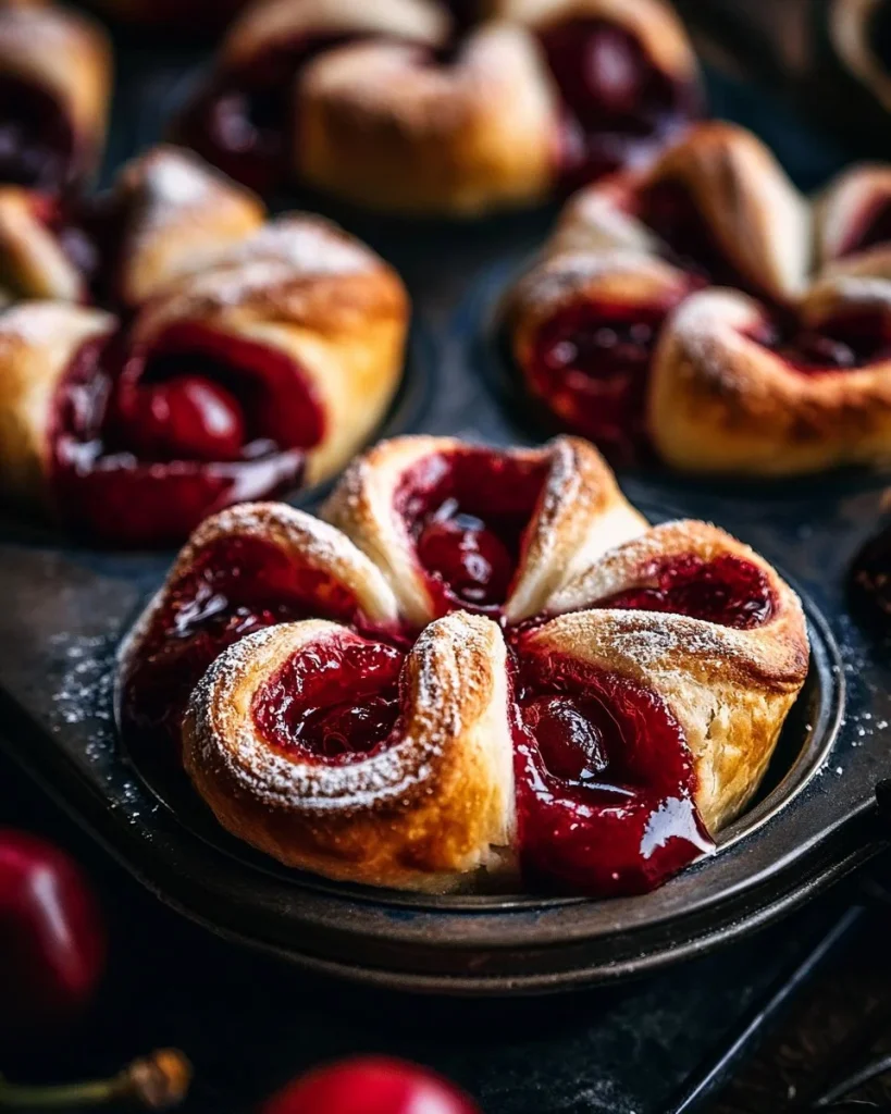 Rollos de crescent rellenos de cereza recién horneados