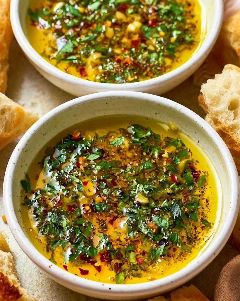 Dip de Aceite de Oliva y Ajo servido con pan fresco