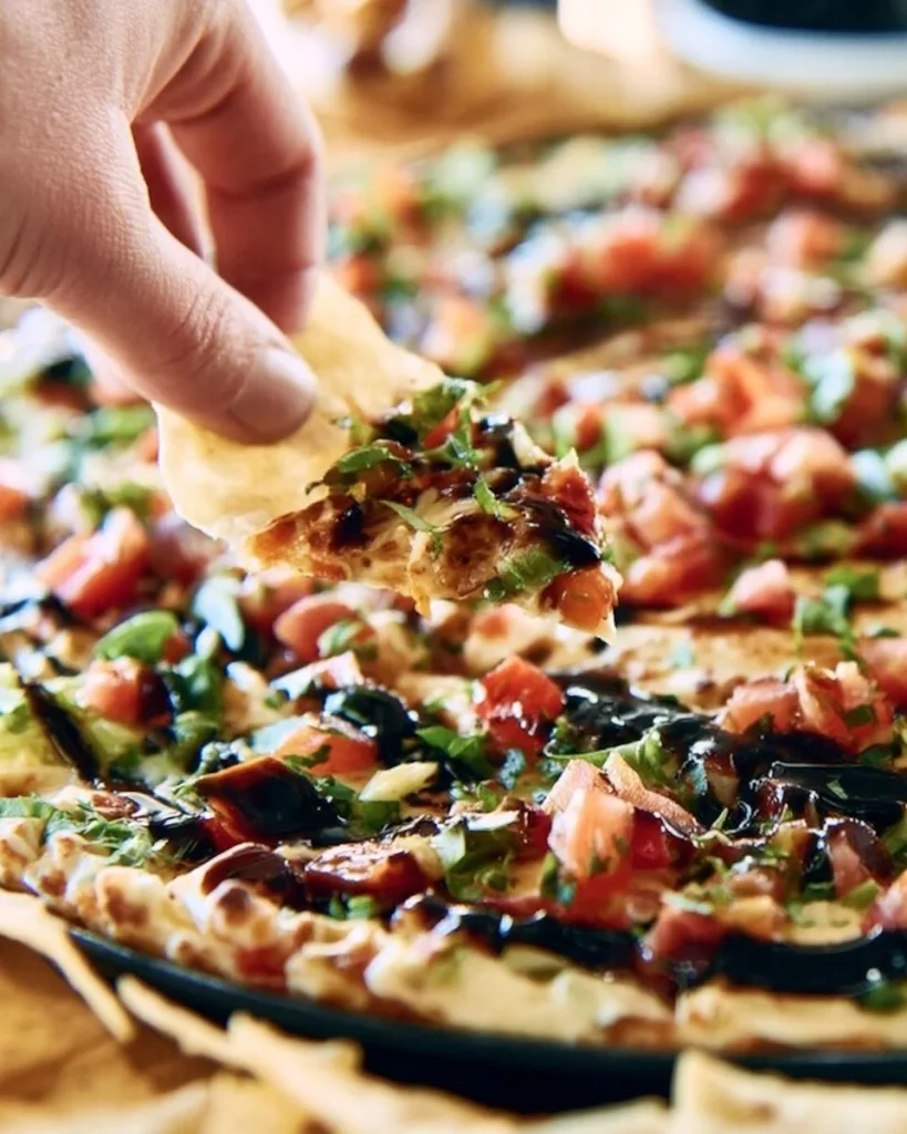 Delicioso dip de bruschetta servido en un plato con pan crujiente.