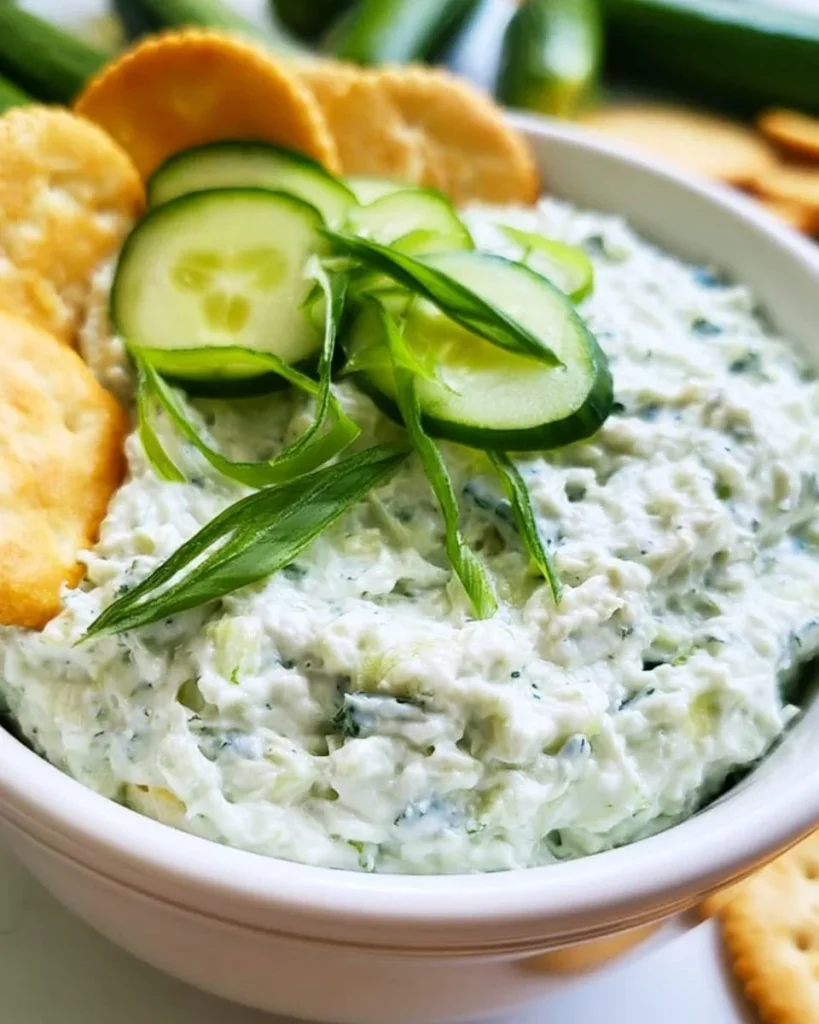 Dip de Pepino con Queso Crema servido en un tazón con galletas