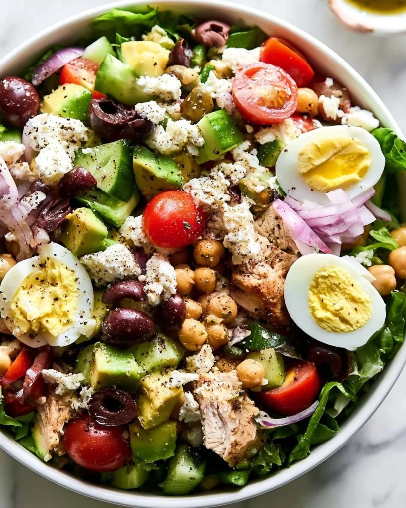 Ensalada Cobb griega con ingredientes frescos de la dieta mediterránea