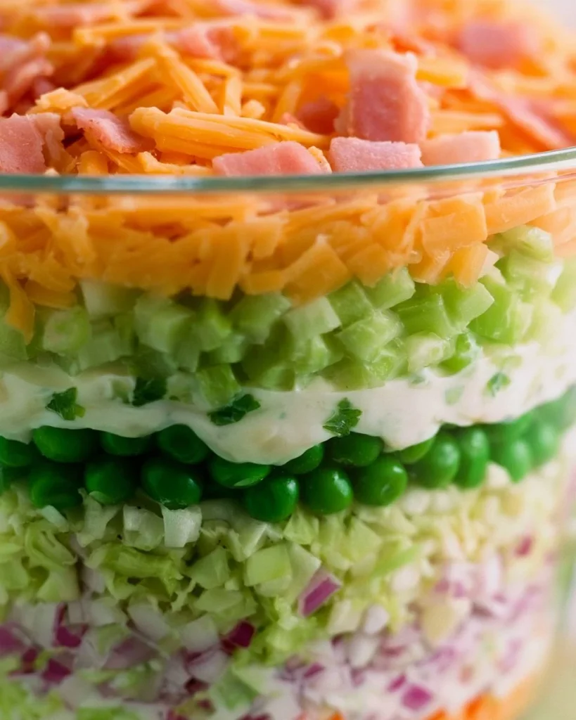 Ensalada de 7 capas con ingredientes frescos y coloridos dispuestos en capas.