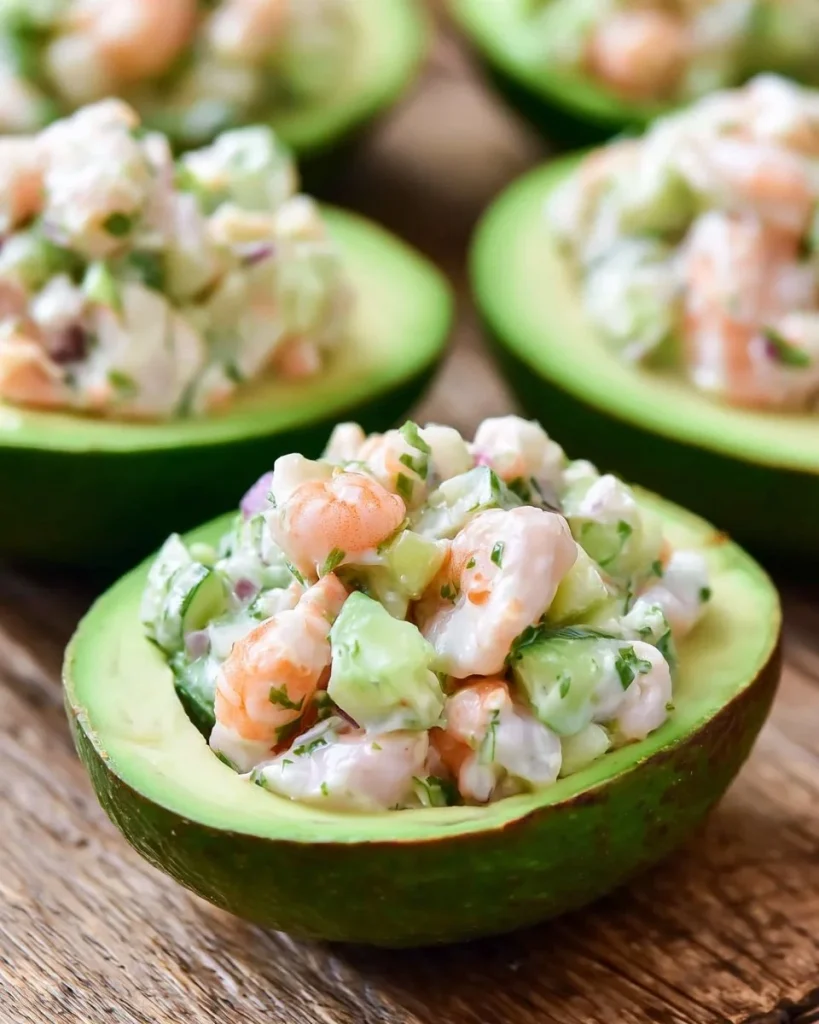 Ensalada de camarones rellena de aguacate, un plato fresco y delicioso