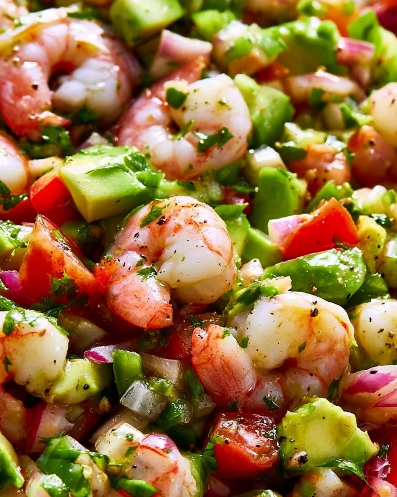 Ensalada de camarones y aguacate con lima en un plato colorido