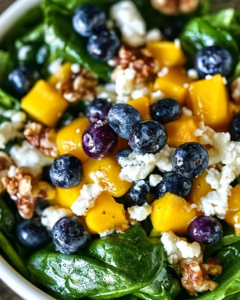 Ensalada de espinacas con mango y arándanos, una opción fresca y saludable.