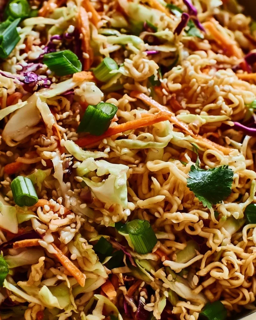 Ensalada colorida con fideos ramen, verduras frescas y aderezo sabroso.