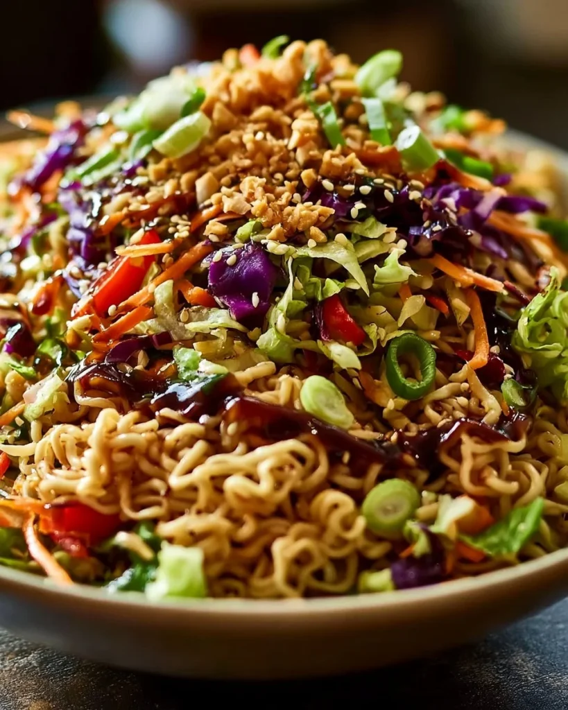 Ensalada de fideos ramen crujientes al estilo asiático con vegetales frescos