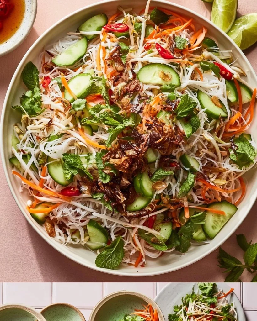 Ensalada fresca de fideos vermicelli con verduras coloridas.