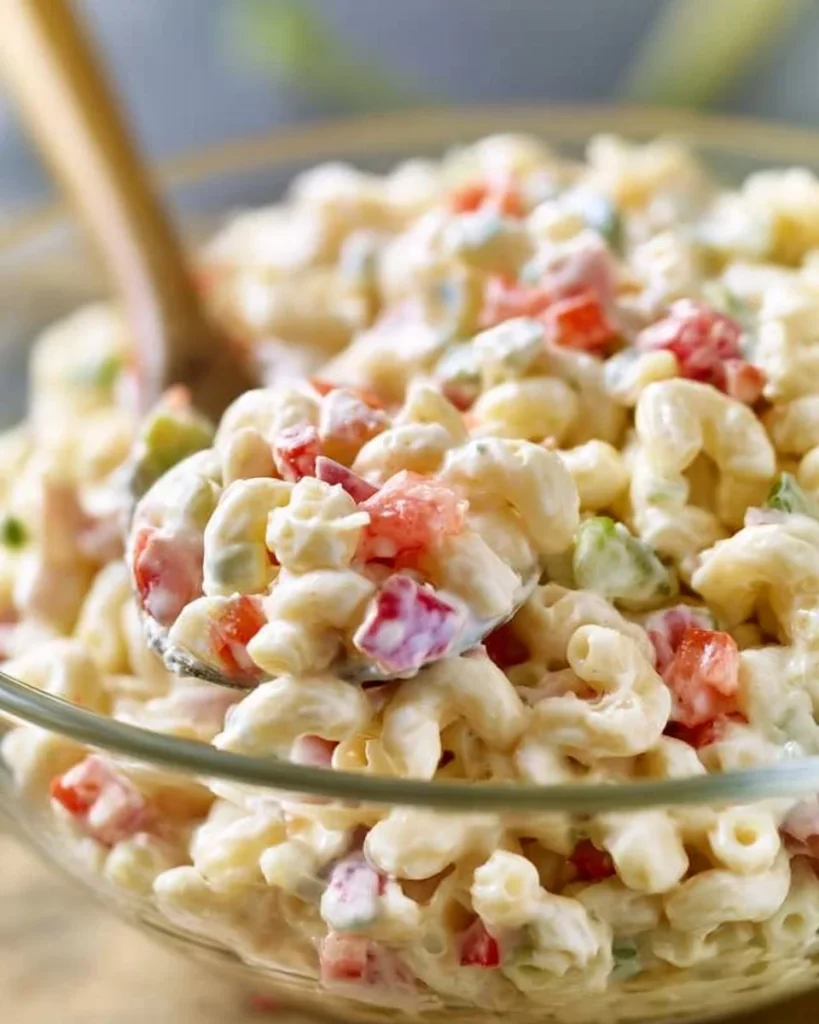 Deliciosa ensalada de macarrones con verduras frescas y aderezo.