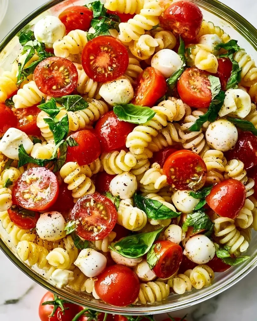 Ensalada de pasta caprese con tomates, mozzarella y albahaca