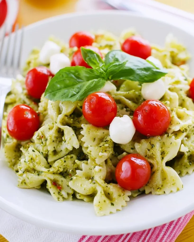 Ensalada de Pasta Caprese con Pesto servida en un plato