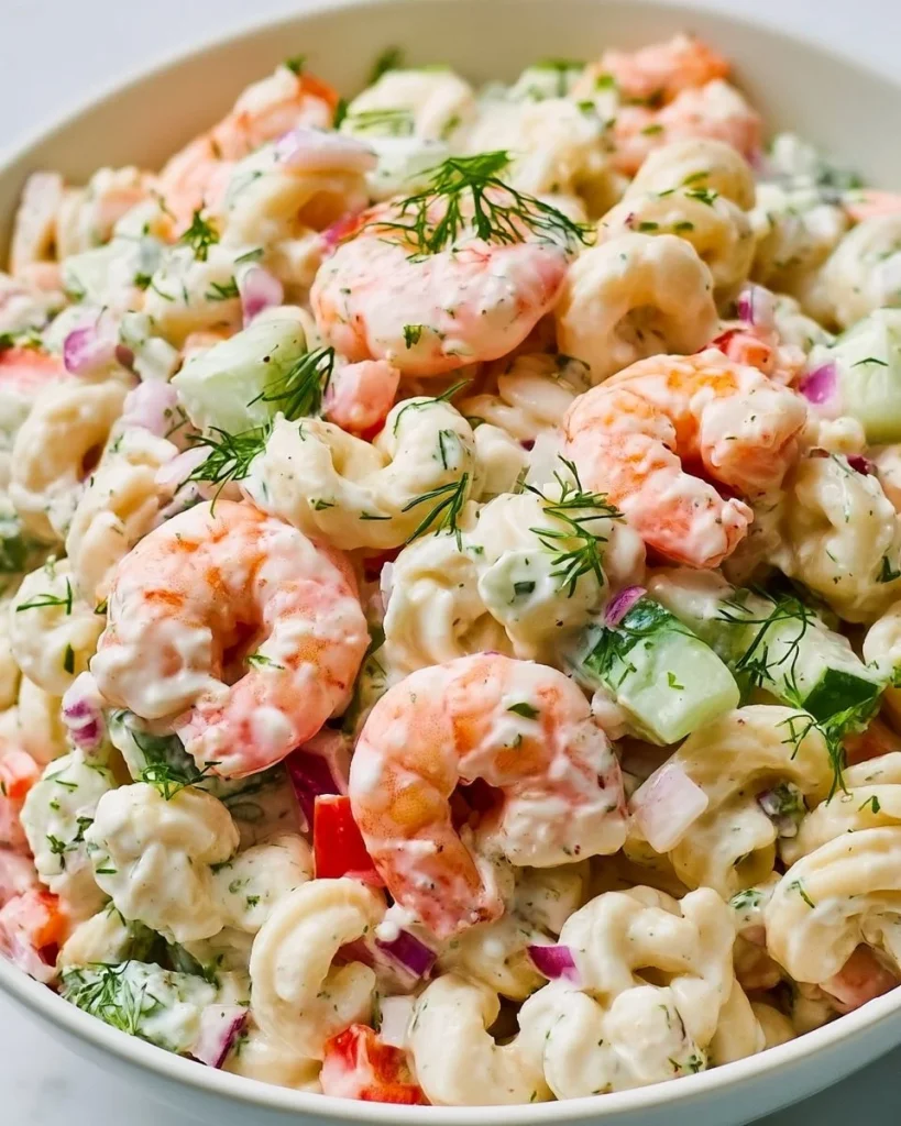 Ensalada de pasta con camarones y aderezo cremoso fresca y deliciosa