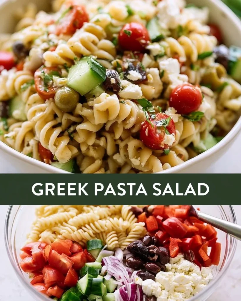Ensalada de pasta griega con ingredientes frescos y coloridos