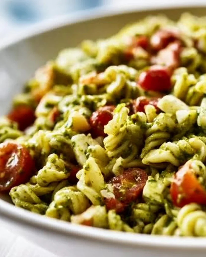 Ensalada de pasta pesto con ingredientes frescos y coloridos en un plato.