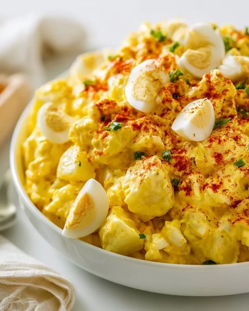 Ensalada de patata con huevos endiablados en un plato colorido