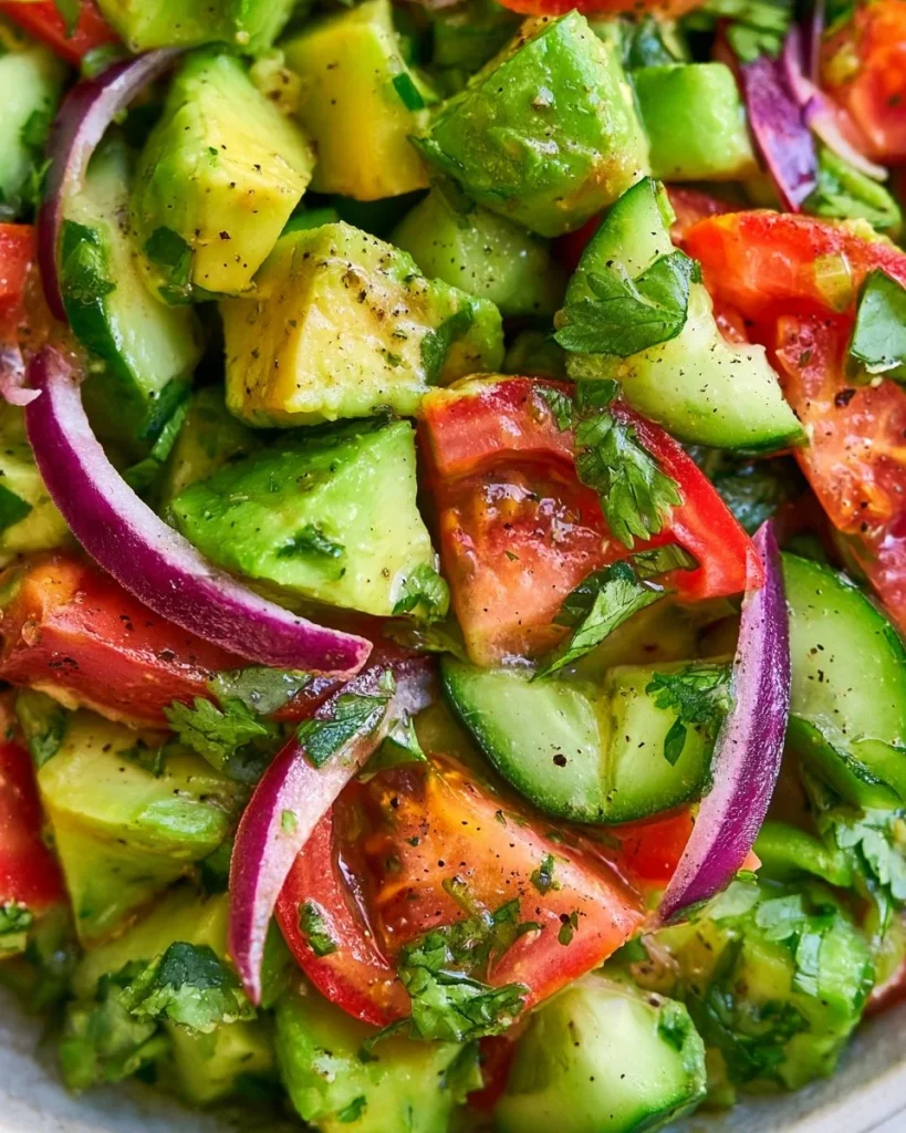 Ensalada fresca de pepino, tomate y aguacate en un tazón