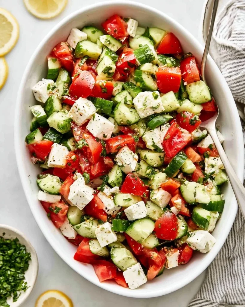 Ensalada de pepino, tomate y feta en un tazón colorido