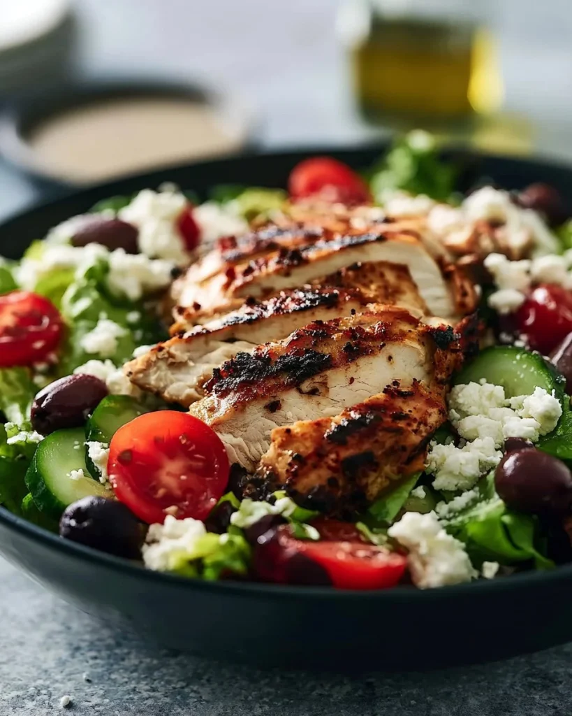 Ensalada de pollo a la parrilla griega simple con vegetales frescos y aderezo.