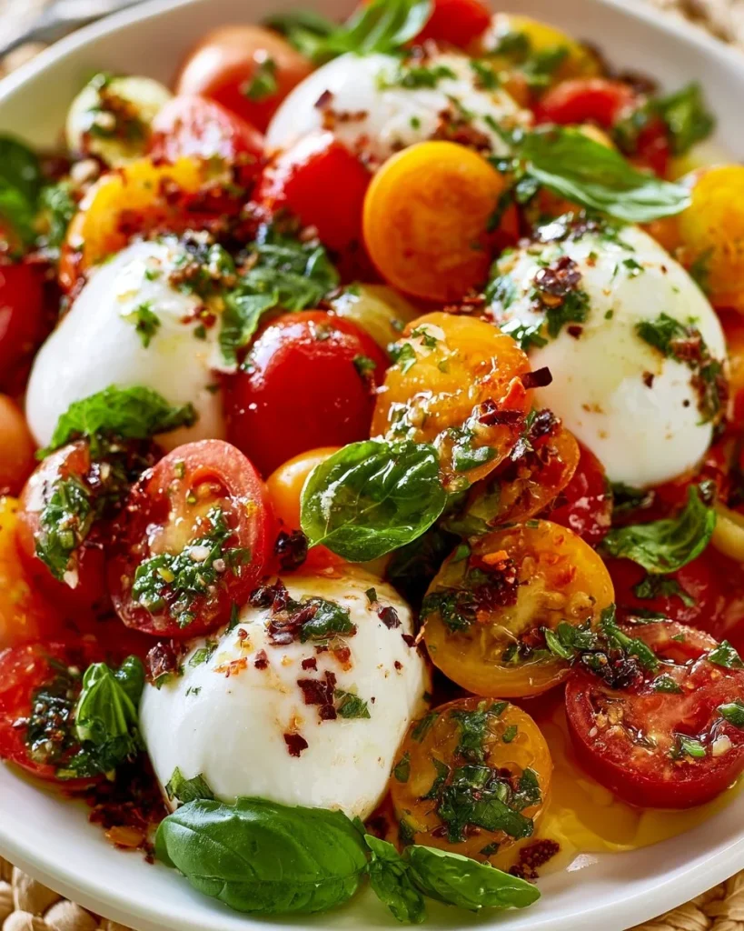 Ensalada de tomates frescos con burrata y albahaca en un plato colorido