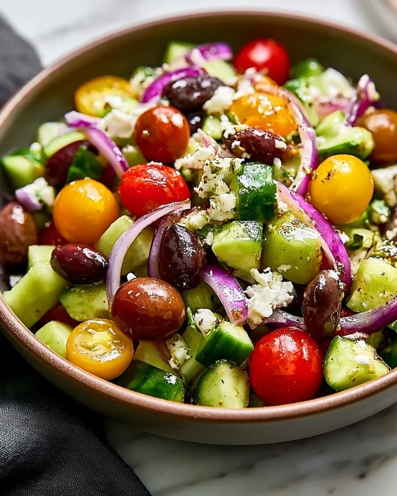 Ensalada griega con tomates, pepinos y aceitunas en un plato colorido