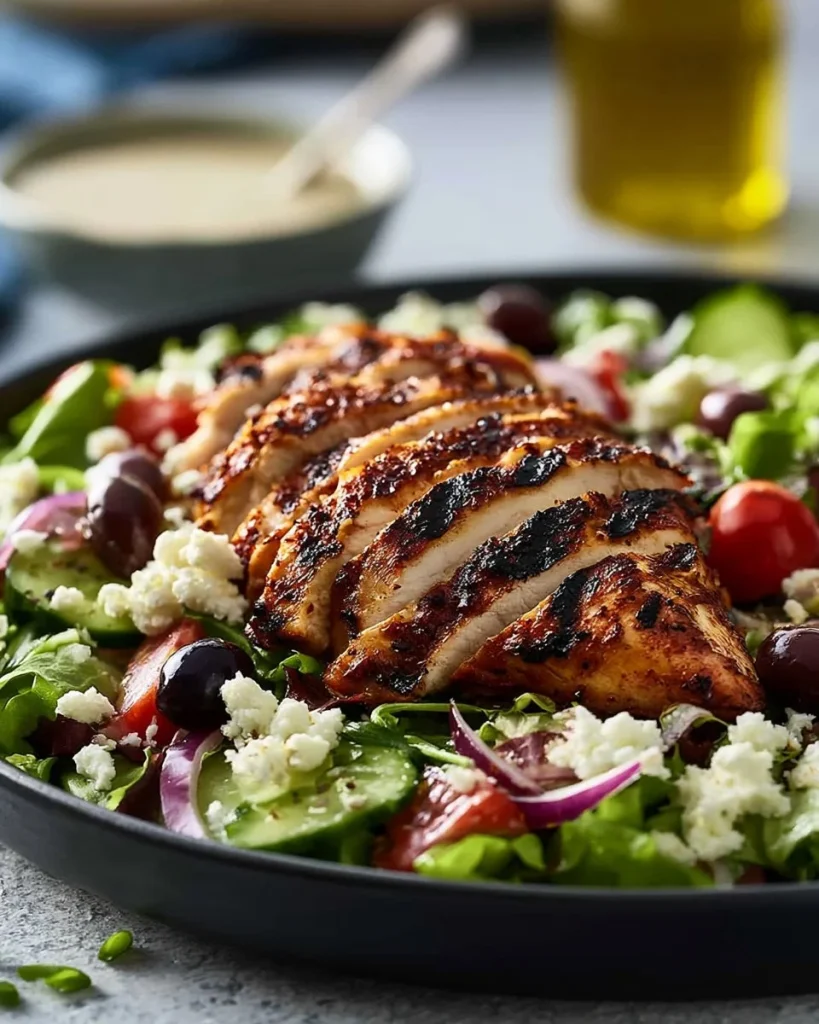 Ensalada simple de pollo a la parrilla al estilo griego en un plato colorido