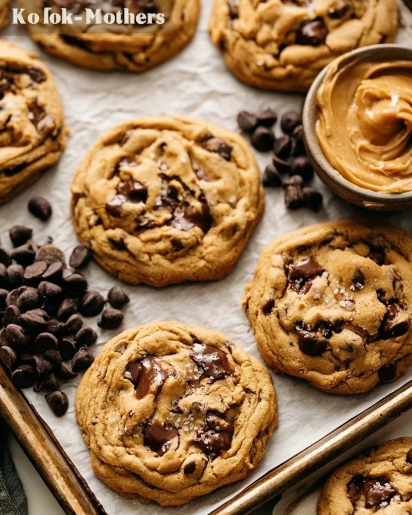 Galletas de mantequilla de maní con chips de chocolate oscuro recién horneadas