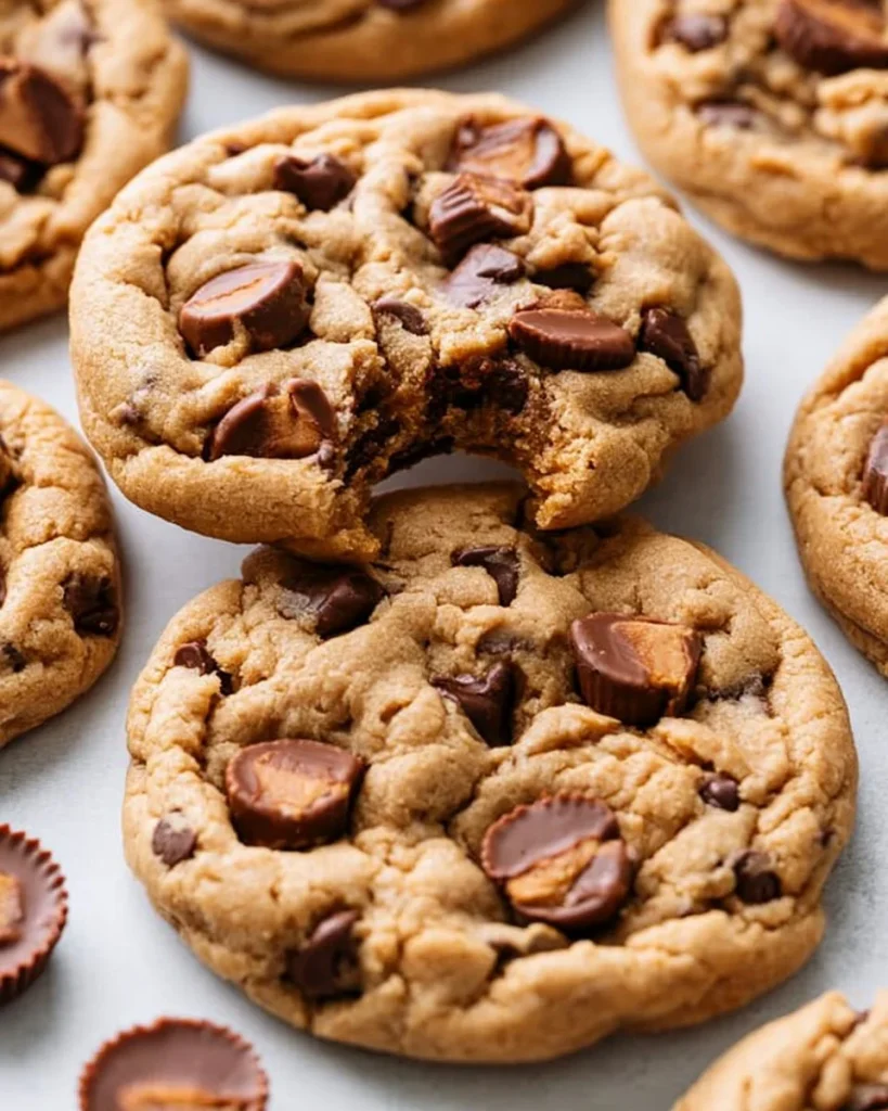 Galletas de mantequilla de maní recién horneadas sobre una mesa de madera.