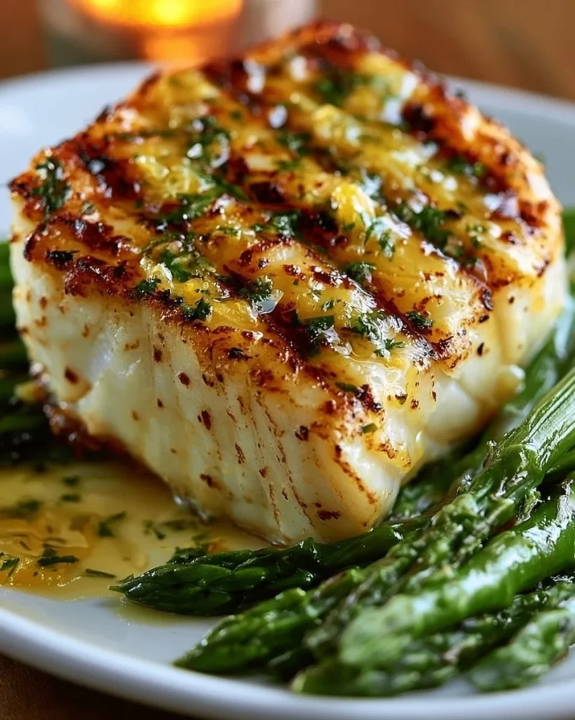 Halibut a la parrilla con mantequilla cítrica y espárragos chamuscados.