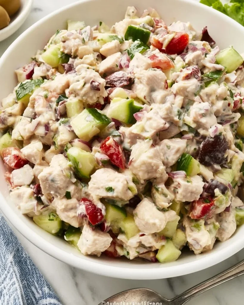 Ensalada saludable de pollo mediterráneo con verduras frescas y aderezo ligero