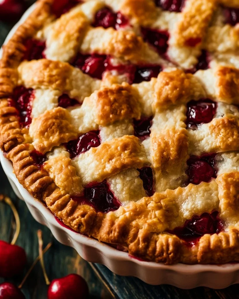 Tarta de cereza recién horneada con cerezas frescas y corteza dorada