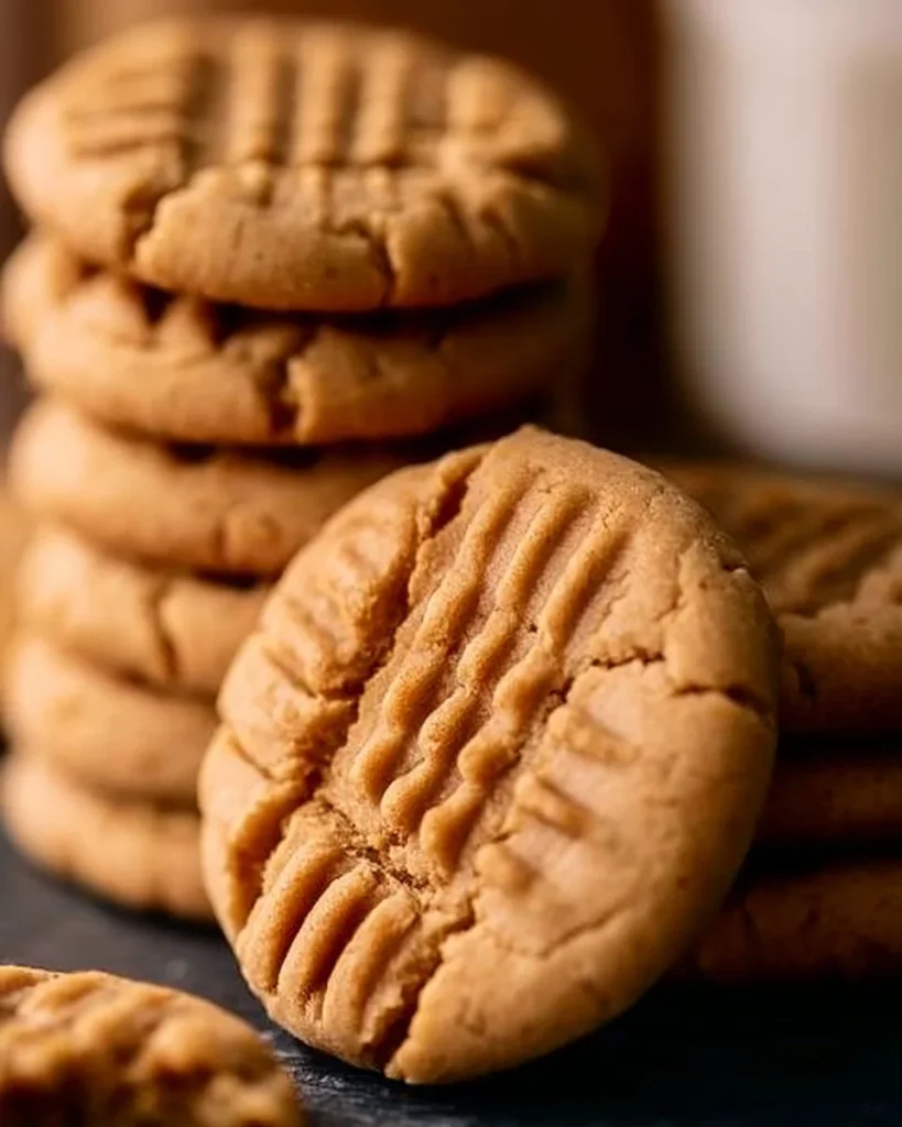 Galletas de mantequilla de cacahuate recién horneadas sobre una mesa.