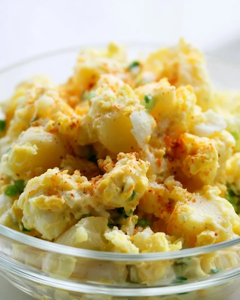 Plato de ensalada de papa con huevo decorado con perejil fresco