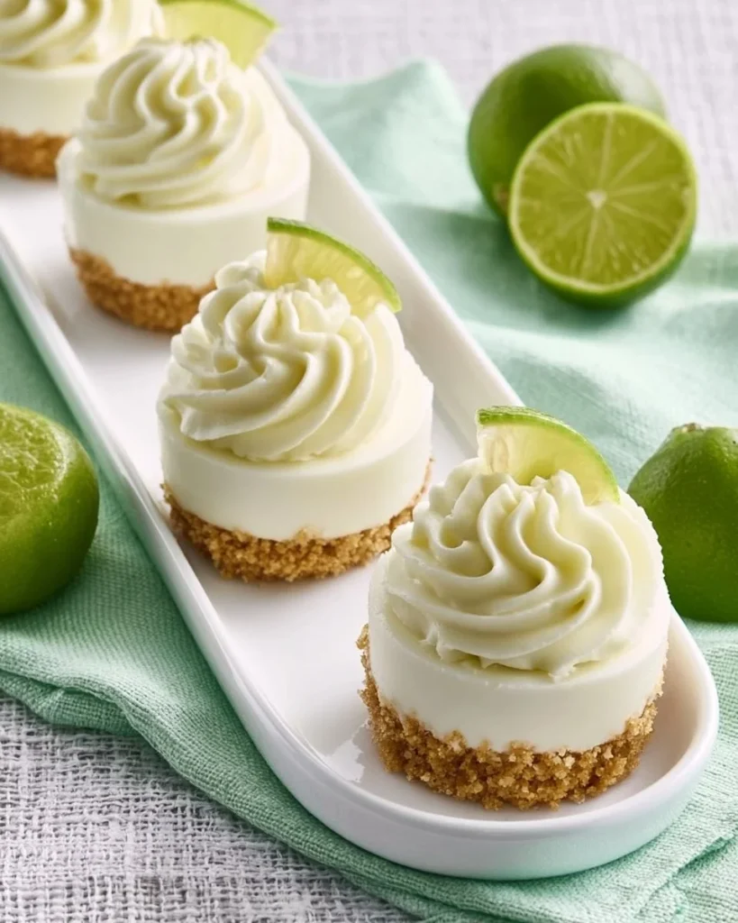 Mini tartas de lima clave decoradas y servidas en platos de postre.