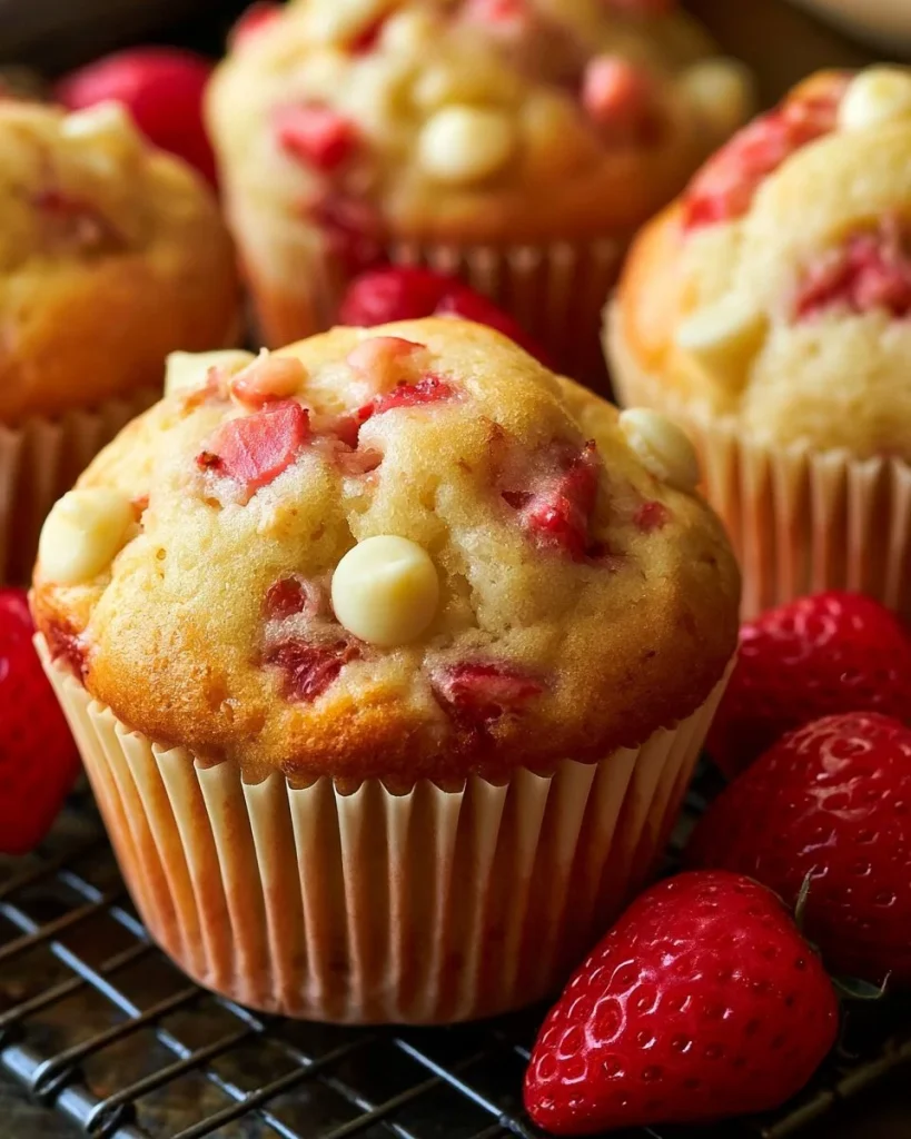 Muffins de café con fresas y chispas de chocolate blanco recién horneados