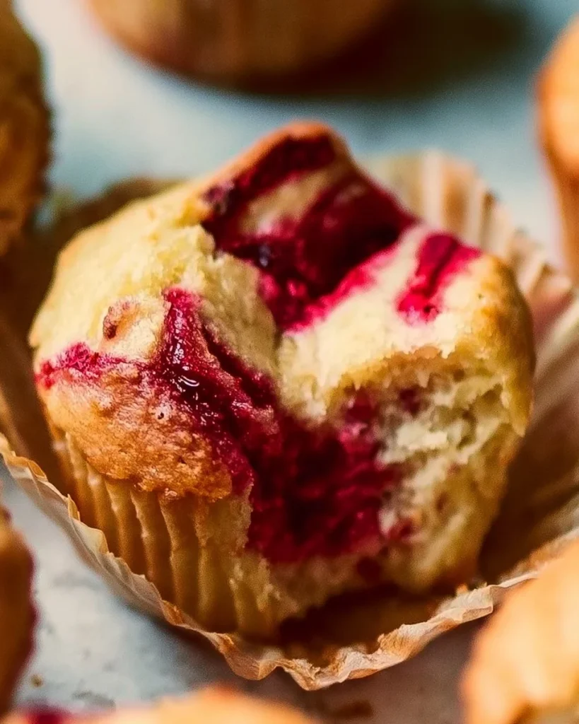 Muffins de chocolate blanco y frambuesa recién horneados.