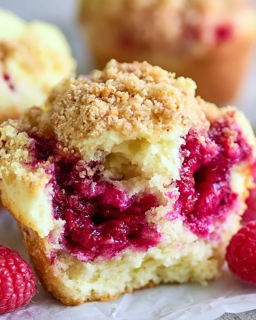 Muffins de frambuesa con streusel recién horneados en una bandeja