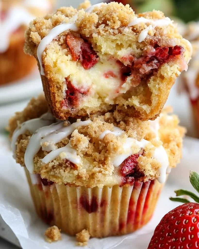 Muffins de fresa con queso crema y cobertura de streusel recién horneados