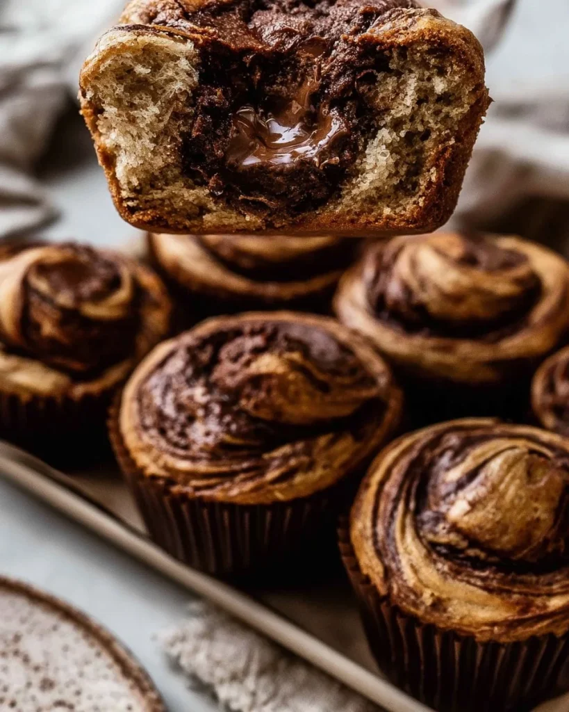 Muffins de Plátano y Nutella recién horneados sobre una mesa de cocina