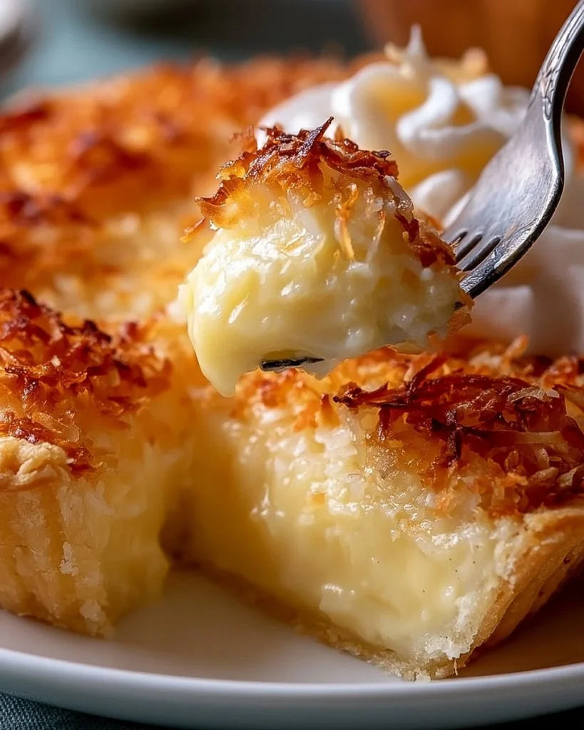 Pastel de natillas de coco decorado con coco rallado y servido en un plato
