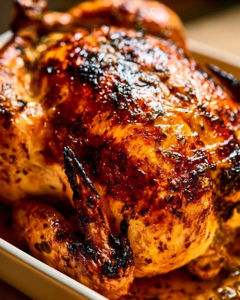 Pollo asado crujiente con mantequilla de ajo y hierbas en un plato