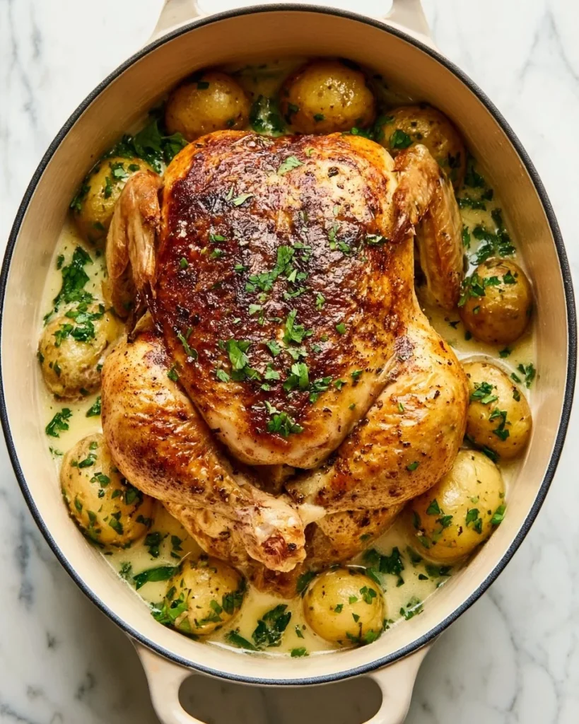 Pollo Asado cocido en Olla Holandesa, jugoso y delicioso, listo para servir.