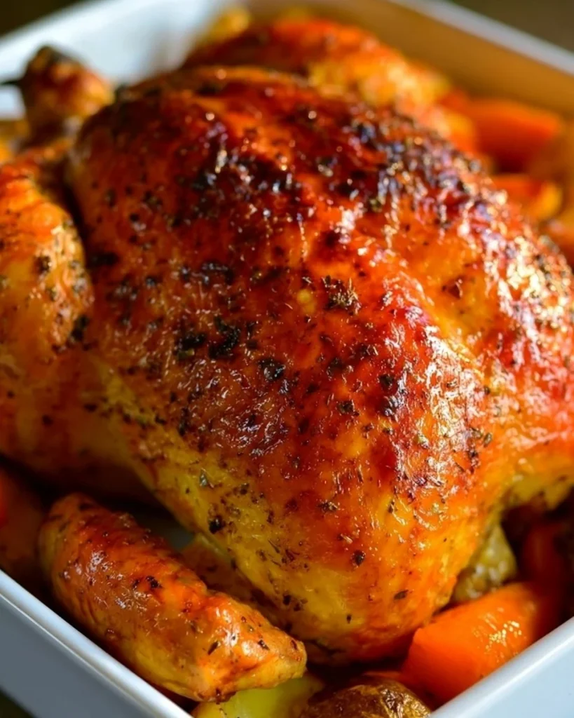 Plato de Pollo Asado Estilo Puertorriqueño con guarniciones coloridas.