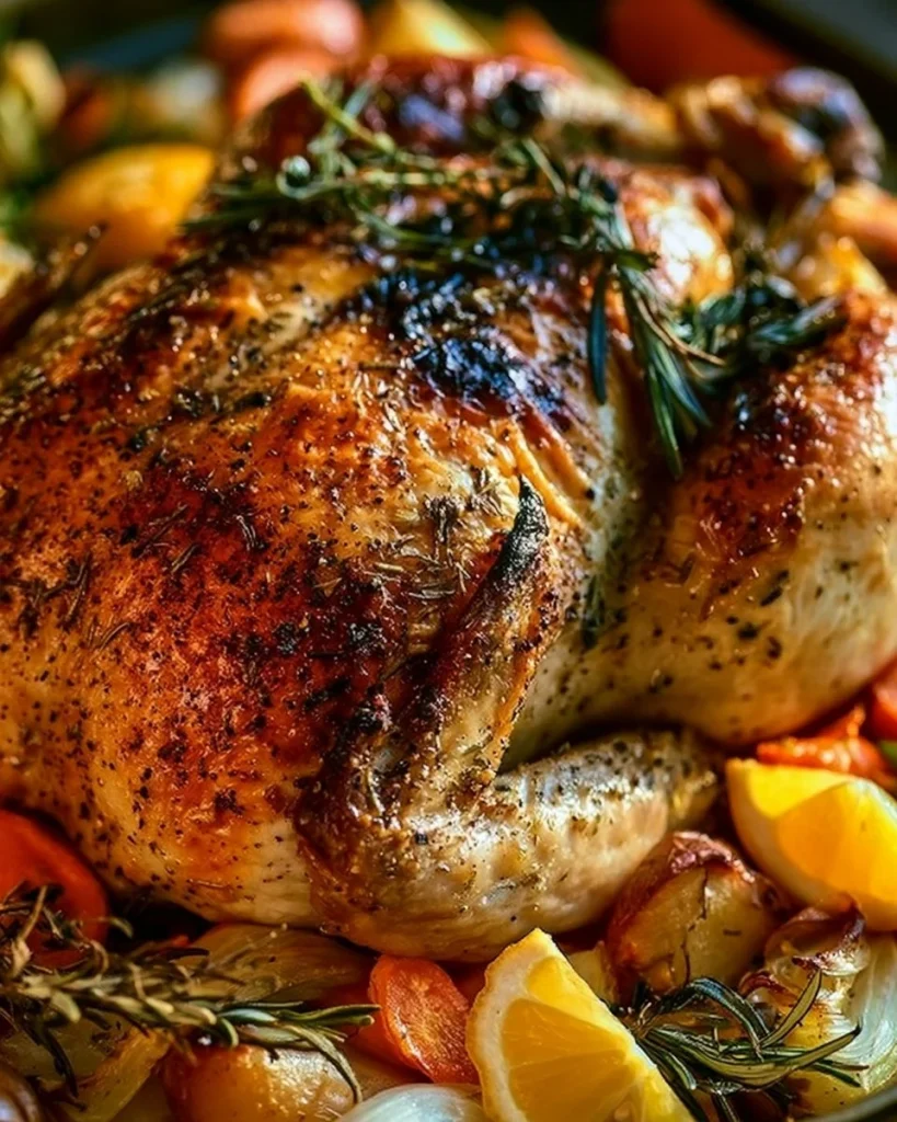 Pollo entero cocinado en horno holandés con verduras de raíz