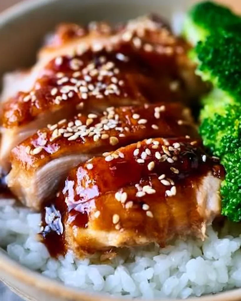 Plato de pollo teriyaki servido con arroz y verduras, una opción deliciosa y saludable.