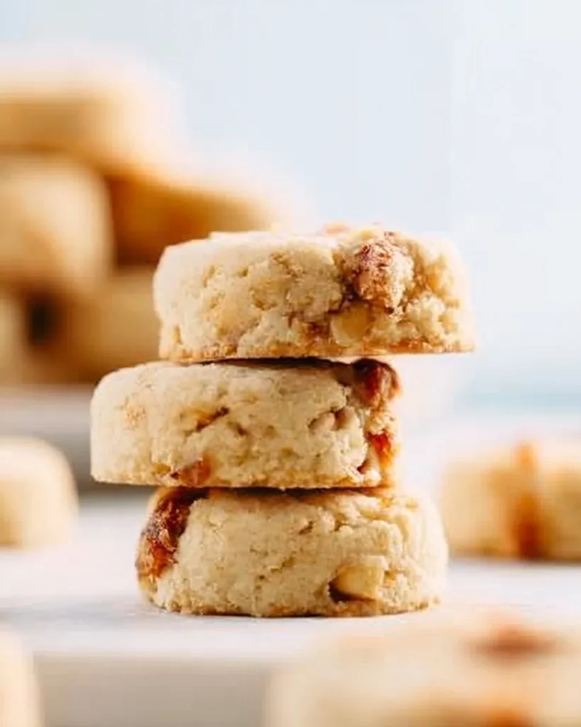 Galletas de mantequilla de pecanas recién horneadas sobre una mesa.