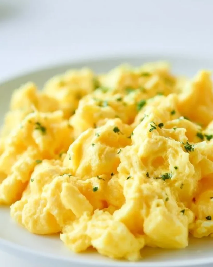 Receta de huevos revueltos esponjosos en un plato