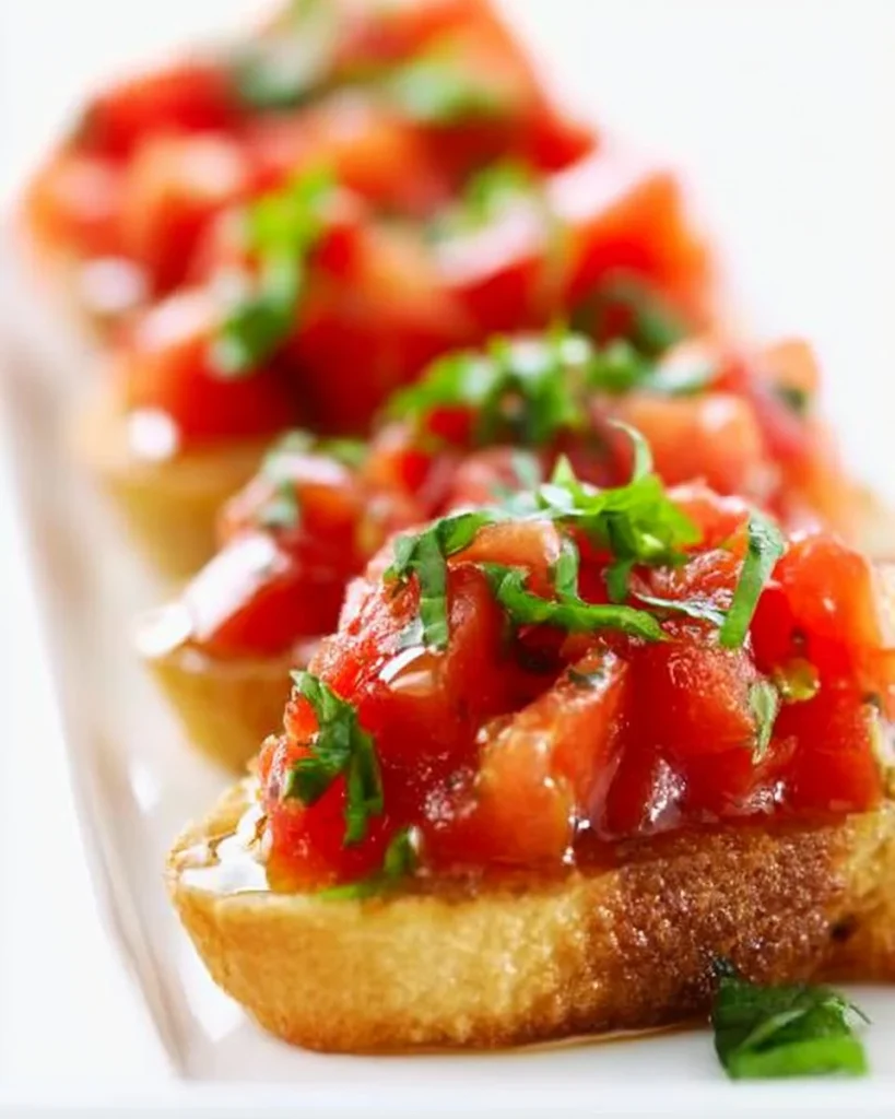 Bruschetta fresca con tomate y albahaca en una tabla de madera